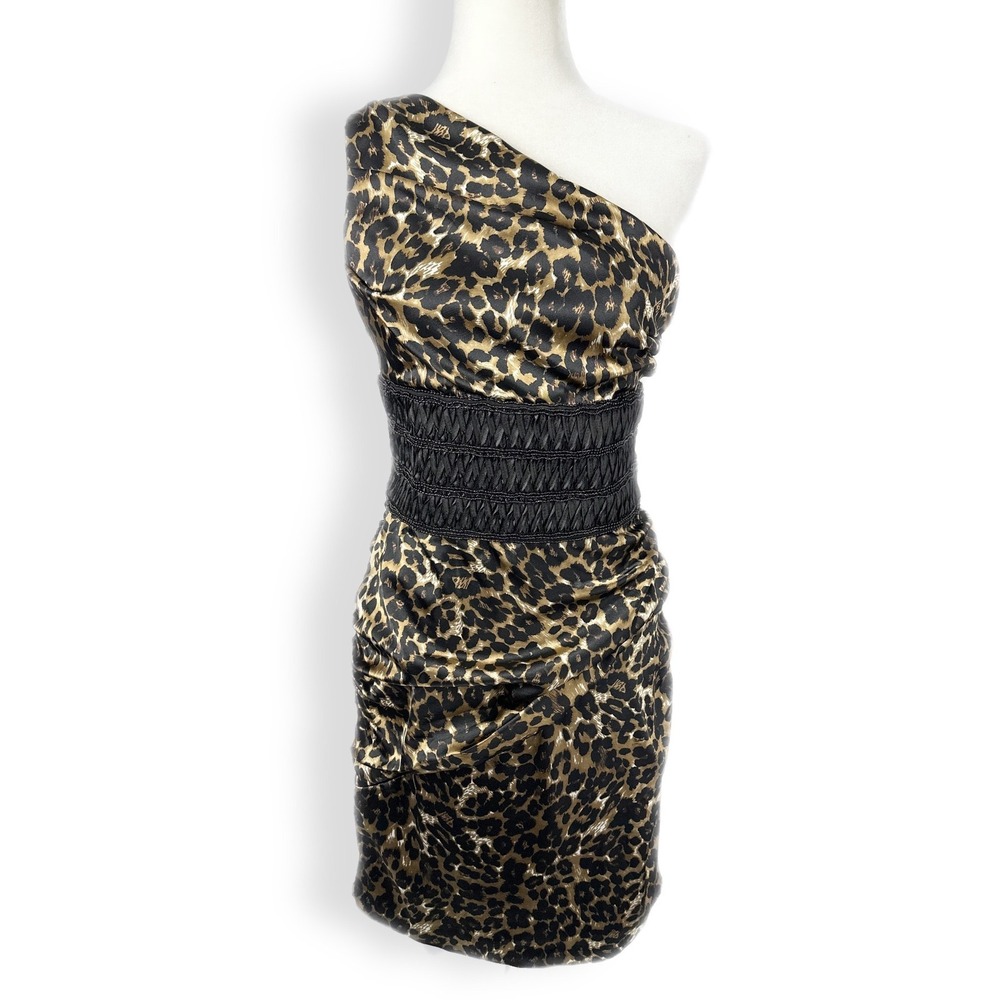 Y2K Boston Proper Satin Leopard One Shoulder Ruched Party Dress Women's Size 8